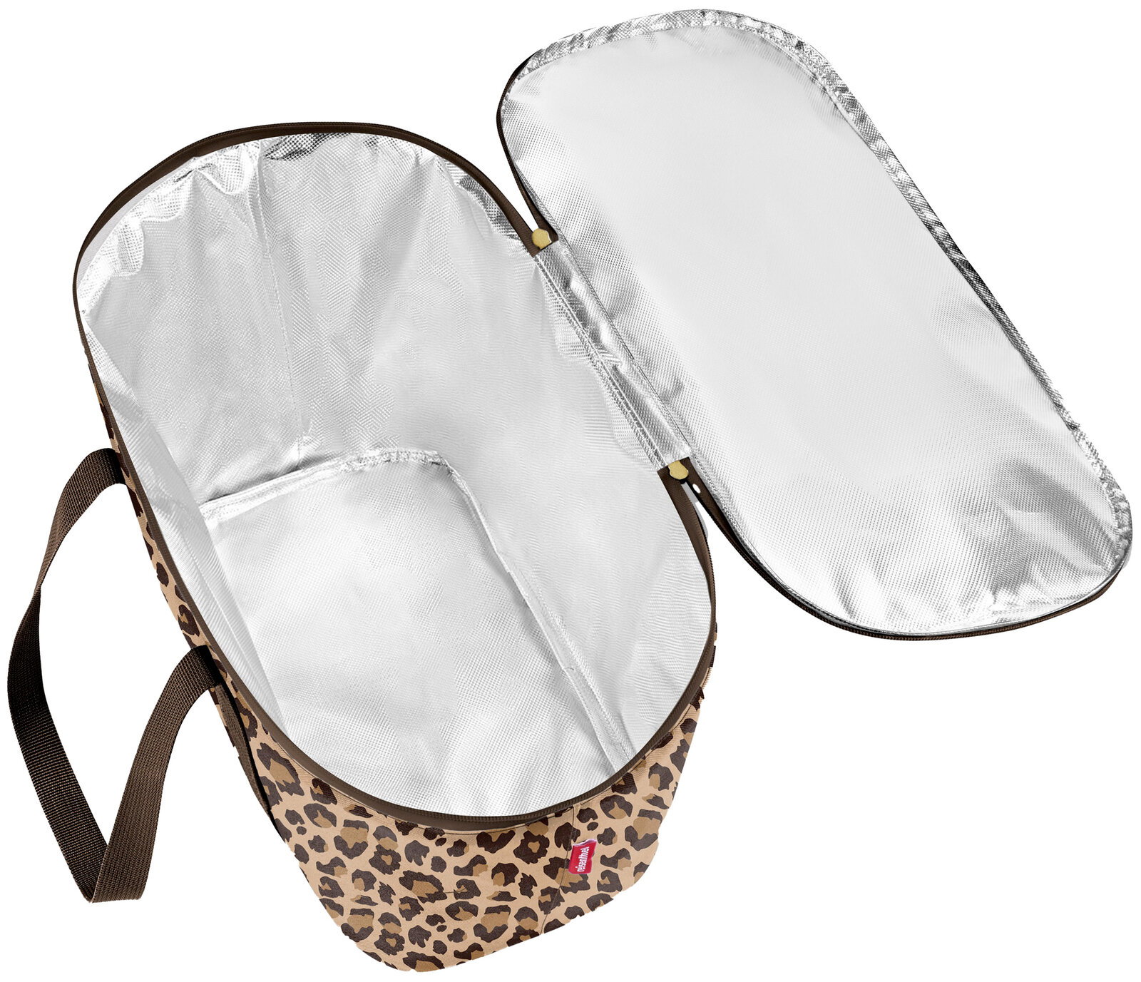 Kühltasche mit Leopardenmuster, geöffnet von oben, zeigt das isolierte Innenfutter.