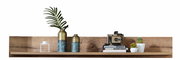 Holz-Wandregal mit Dekorationen, darunter Vasen, Bücher, eine Kamera und Pflanzen, aus frontaler Perspektive.