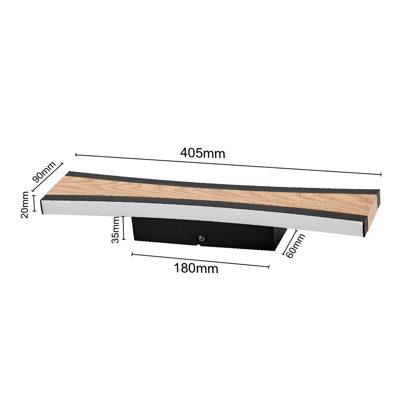 Moderne LED-Wandleuchte mit Holzoptik und schwarzem Gehäuse, Länge 405 mm, in schräger Vorderansicht (3/4-Perspektive) mit Maßangaben auf weißem Hintergrund