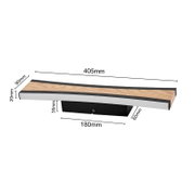 Moderne LED-Wandleuchte mit Holzoptik und schwarzem Gehäuse, Länge 405 mm, in schräger Vorderansicht (3/4-Perspektive) mit Maßangaben auf weißem Hintergrund