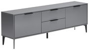Graues TV-Lowboard mit drei Schubladen und zwei Türen, seitliche Perspektive