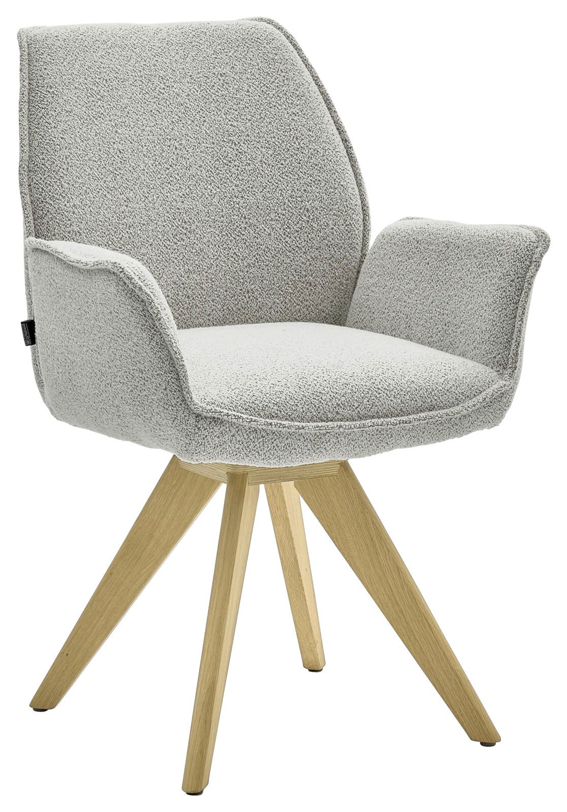 Moderner Armlehnstuhl mit hellgrauem Stoffbezug und Holzbeinen, seitliche Perspektive