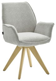 Moderner Armlehnstuhl mit hellgrauem Stoffbezug und Holzbeinen, seitliche Perspektive