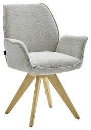 Moderner Armlehnstuhl mit hellgrauem Stoffbezug und Holzbeinen, seitliche Perspektive