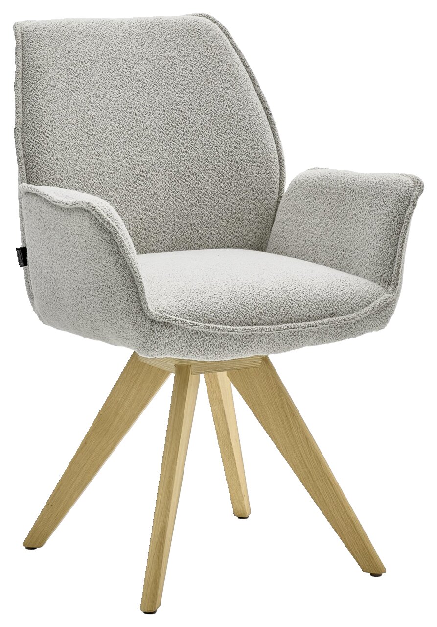 Moderne fauteuil met lichtgrijze stoffen bekleding en houten poten, zijaanzicht