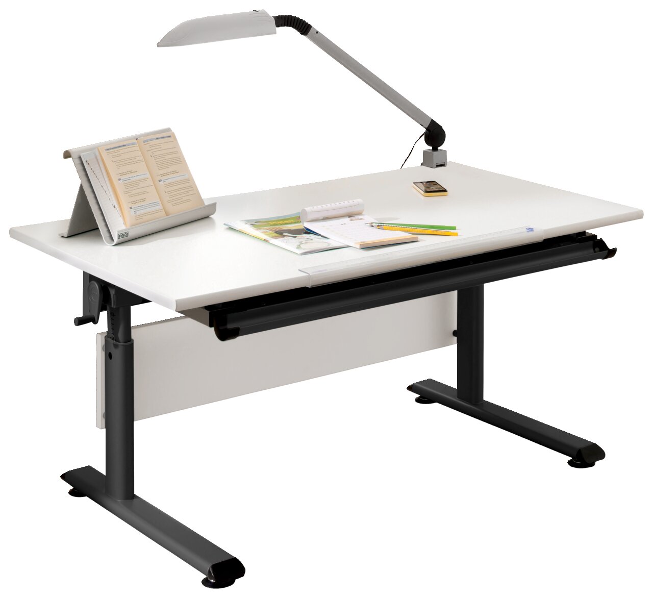 Modern bureau met wit tafelblad, zwart onderstel en ingebouwde lamp, zijaanzicht