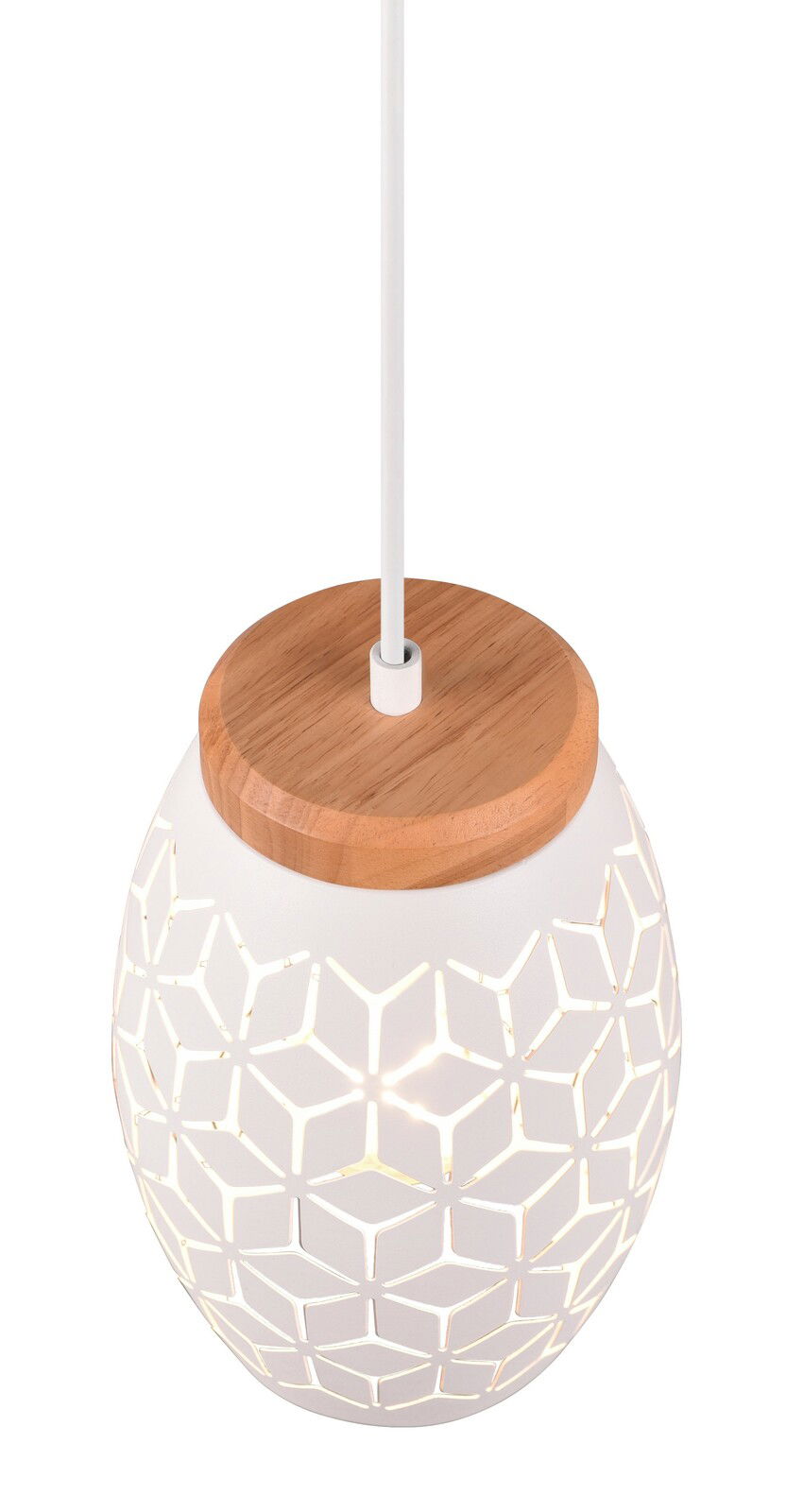 Moderne Pendelleuchte mit geometrischem Muster und Holzdetail, von oben betrachtet.