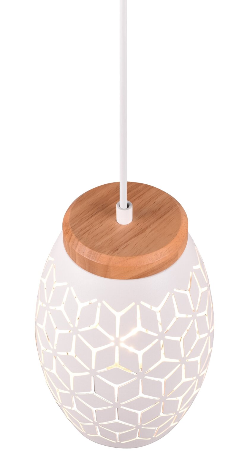 Moderne Pendelleuchte mit geometrischem Muster und Holzdetail, von oben betrachtet.
