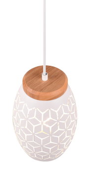 Moderne Pendelleuchte mit geometrischem Muster und Holzdetail, von oben betrachtet.
