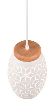 Moderne Pendelleuchte mit geometrischem Muster und Holzdetail, von oben betrachtet.