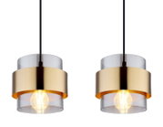 Zwei moderne Hängeleuchten mit transparentem und goldenem Zylinderdesign, von vorne betrachtet.