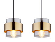 Zwei moderne Hängeleuchten mit transparentem und goldenem Zylinderdesign, von vorne betrachtet.