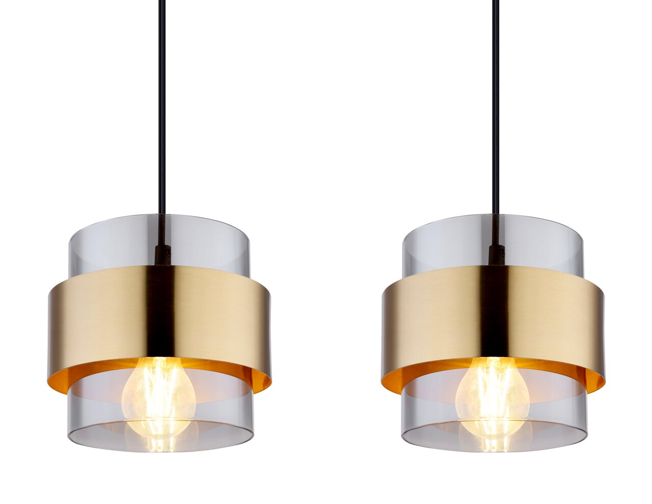 Zwei moderne Hängeleuchten mit transparentem und goldenem Zylinderdesign, von vorne betrachtet.
