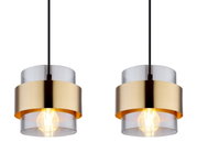 Zwei moderne Hängeleuchten mit transparentem und goldenem Zylinderdesign, von vorne betrachtet.