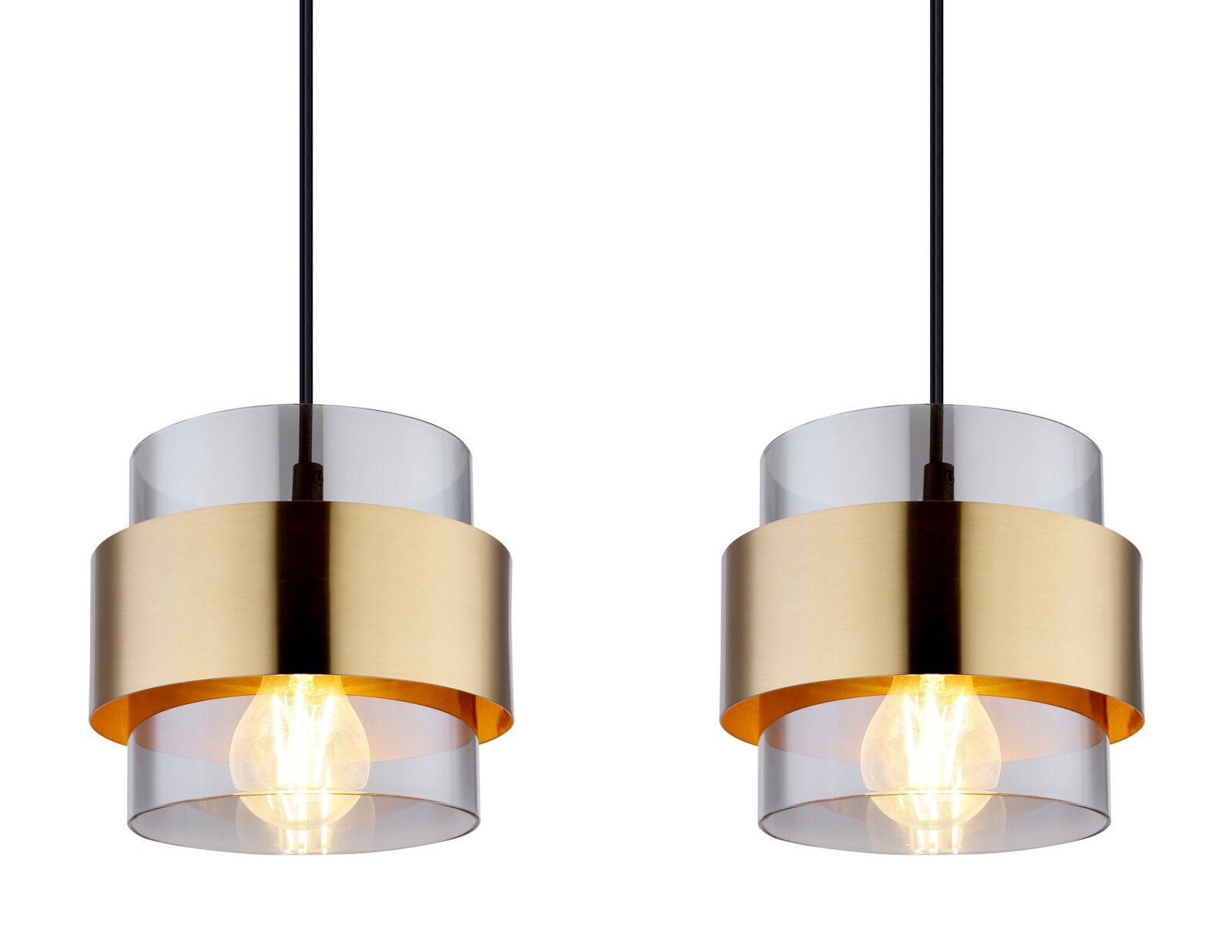 Zwei moderne Hängeleuchten mit transparentem und goldenem Zylinderdesign, von vorne betrachtet.