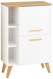 Moderner Unterschrank mit weißem Korpus, Holzbeinen und Holzoberfläche, seitliche Regalfächer, Frontalansicht.