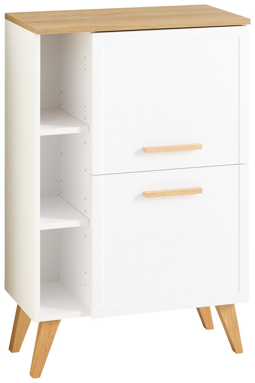Moderner Unterschrank mit weißem Korpus, Holzbeinen und Holzoberfläche, seitliche Regalfächer, Frontalansicht.