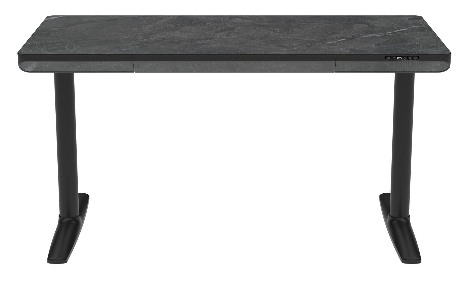 Moderner E-Schreibtisch mit dunkler Marmoroptik, frontal betrachtet