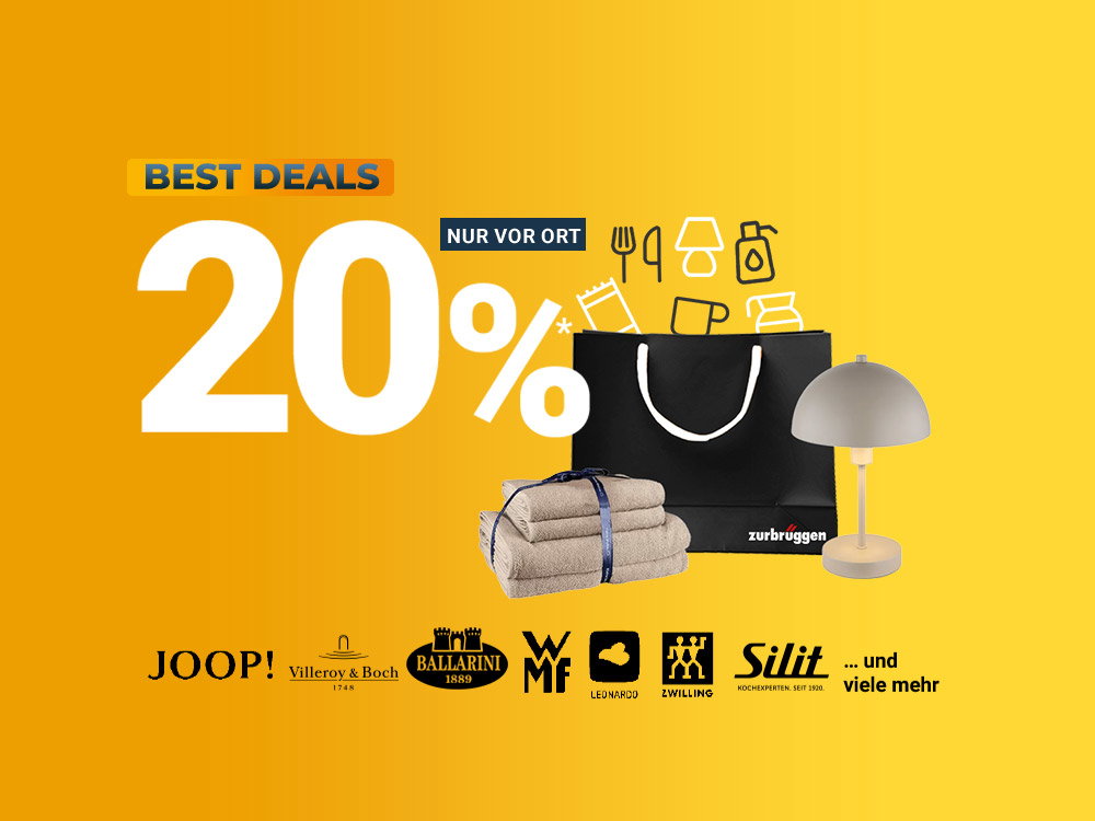 Zurbrüggen Best Deals: Einkaufstasche, Handtücher und Lampe mit Markenlogos auf gelbem Hintergrund