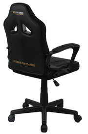Rückansicht eines schwarzen Jugend Gaming Stuhls mit Armlehnen und Rollen, mit der Aufschrift 'Designed for Players'.