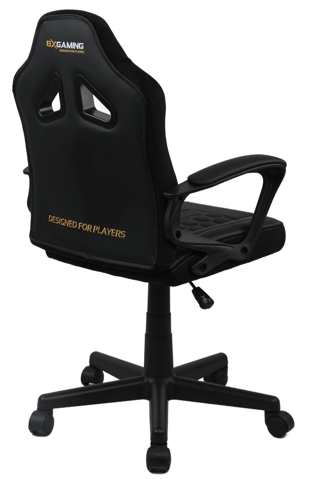 Rückansicht eines schwarzen Jugend Gaming Stuhls mit Armlehnen und Rollen, mit der Aufschrift 'Designed for Players'.