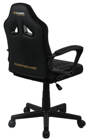 Rückansicht eines schwarzen Jugend Gaming Stuhls mit Armlehnen und Rollen, mit der Aufschrift 'Designed for Players'.