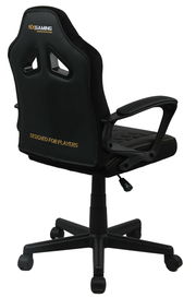 Rückansicht eines schwarzen Jugend Gaming Stuhls mit Armlehnen und Rollen, mit der Aufschrift 'Designed for Players'.