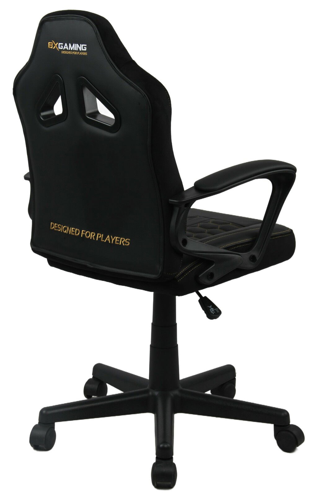 Rückansicht eines schwarzen Jugend Gaming Stuhls mit Armlehnen und Rollen, mit der Aufschrift 'Designed for Players'.