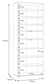 Illustration eines hohen XL-Schuhschranks mit mehreren Regalböden, seitliche Perspektive, Maße: 191,9 cm hoch, 74,5 cm breit, 34,9 cm tief.