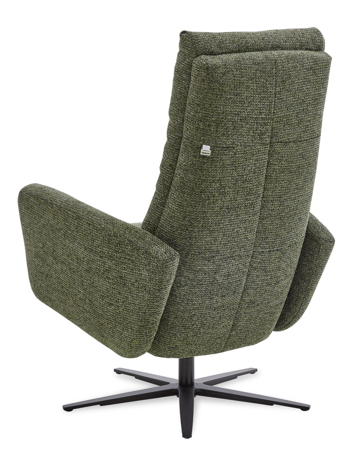 Achterkant van een groene relaxfauteuil met een zwart draaivoet