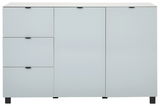 Modernes Sideboard in Weiß mit drei Schubladen und zwei Türen, frontale Ansicht.