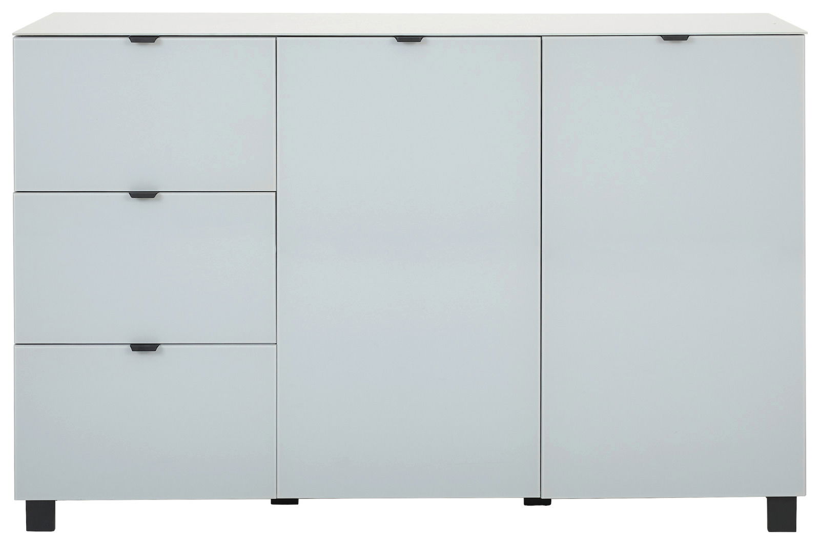 Modernes Sideboard in Weiß mit drei Schubladen und zwei Türen, frontale Ansicht.