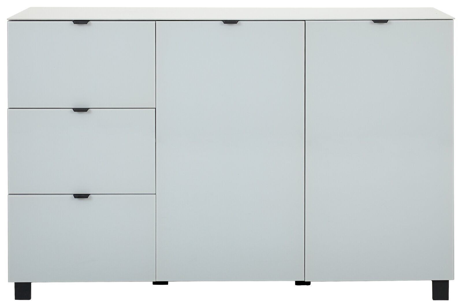 Modernes Sideboard in Weiß mit drei Schubladen und zwei Türen, frontale Ansicht.