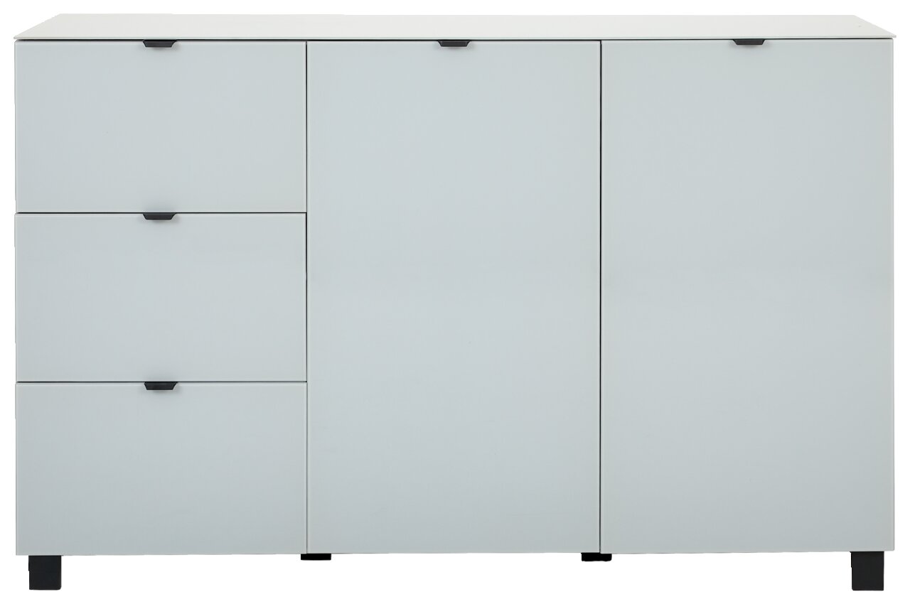 Modernes Sideboard in Weiß mit drei Schubladen und zwei Türen, frontale Ansicht.