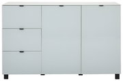 Modernes Sideboard in Weiß mit drei Schubladen und zwei Türen, frontale Ansicht.