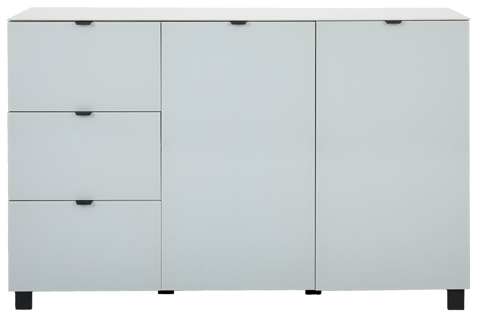 Modernes Sideboard in Weiß mit drei Schubladen und zwei Türen, frontale Ansicht.
