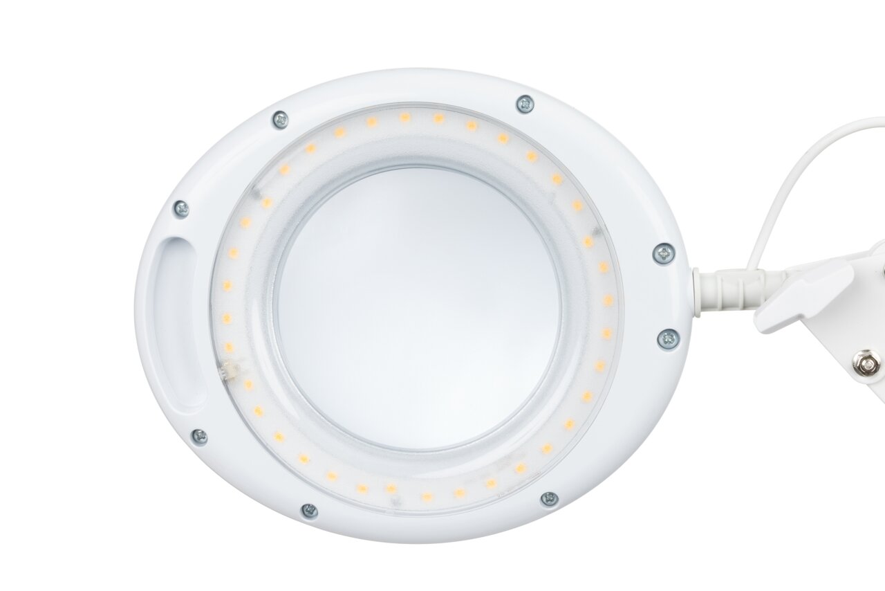 Runde Schreibtischleuchte mit LED-Lichtern, von oben betrachtet.