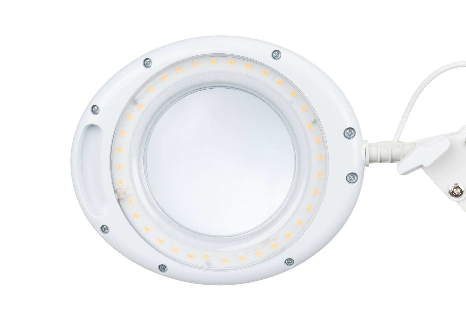 Runde Schreibtischleuchte mit LED-Lichtern, von oben betrachtet.