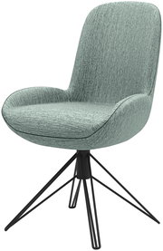 Moderner Stuhl mit grünem Stoffbezug und schwarzem Metallgestell, seitliche Perspektive