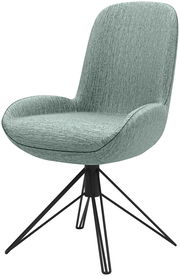 Moderner Stuhl mit grünem Stoffbezug und schwarzem Metallgestell, seitliche Perspektive