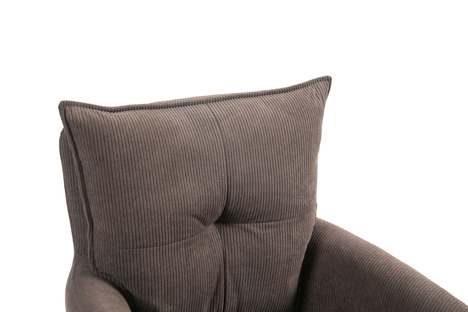 Nahaufnahme eines Sessels mit geripptem Stoffbezug in Braun, Ansicht von oben.