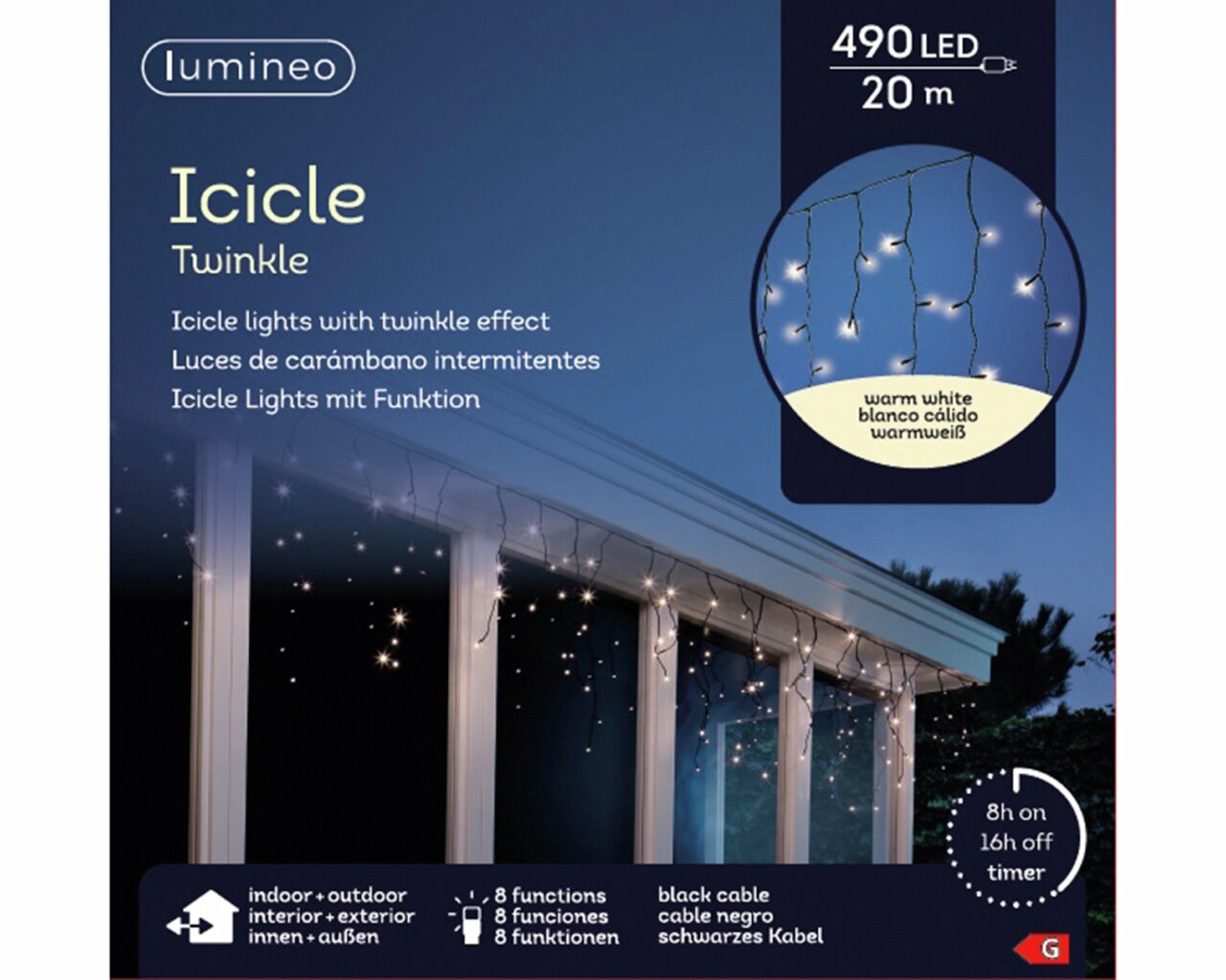 LED-Eiszapfenlichterkette mit 490 warmweißen LEDs, 20 m Länge, geeignet für Innen- und Außenbereich, mit 8 Funktionen und schwarzem Kabel, abgebildet an einem Hausdach in der Abenddämmerung.