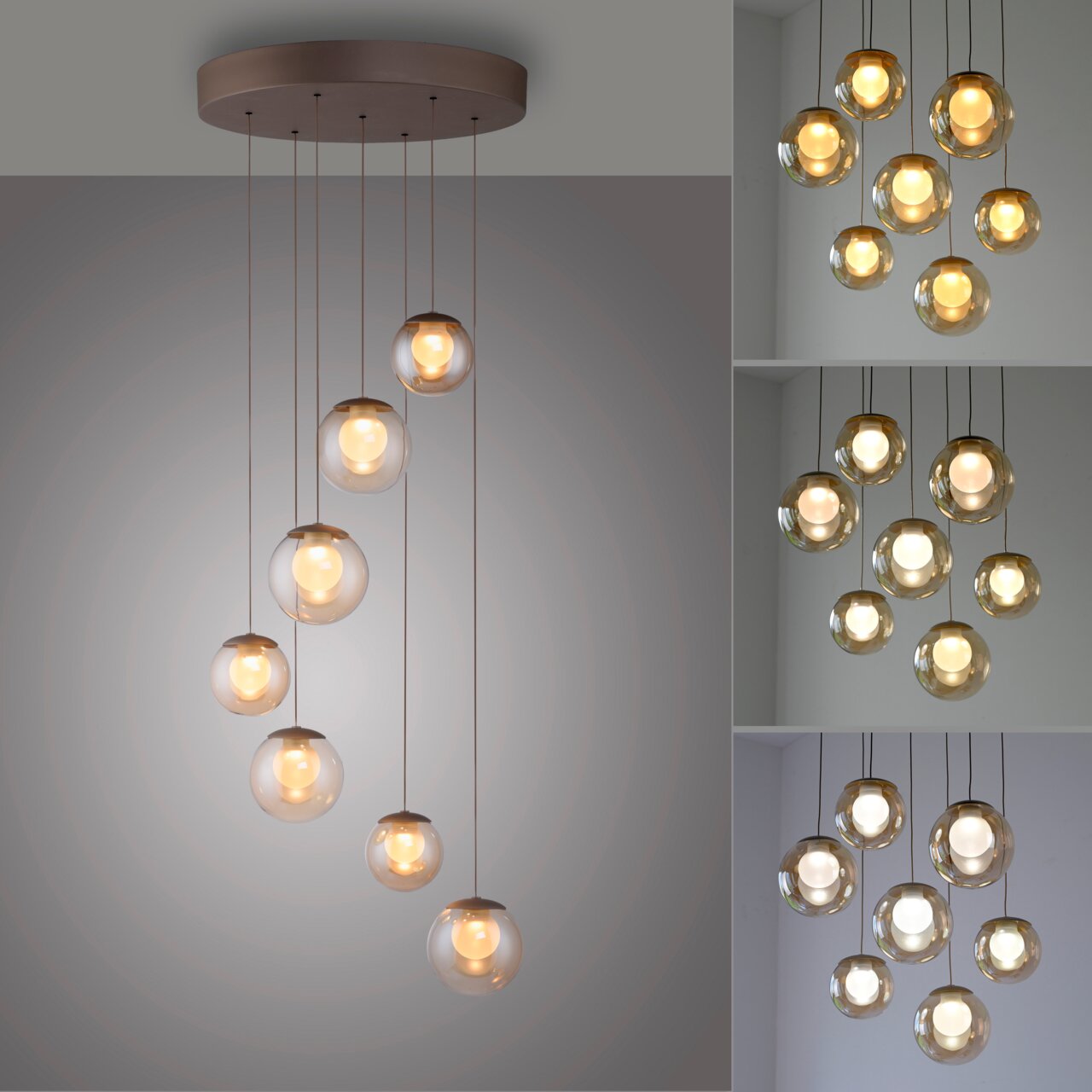 Moderne LED-Pendelleuchte mit mehreren kugelförmigen Glaskörpern, die von einer runden Deckenhalterung in verschiedenen Höhen hängen. Perspektive von unten, um die elegante Anordnung und das warme Licht zu betonen.