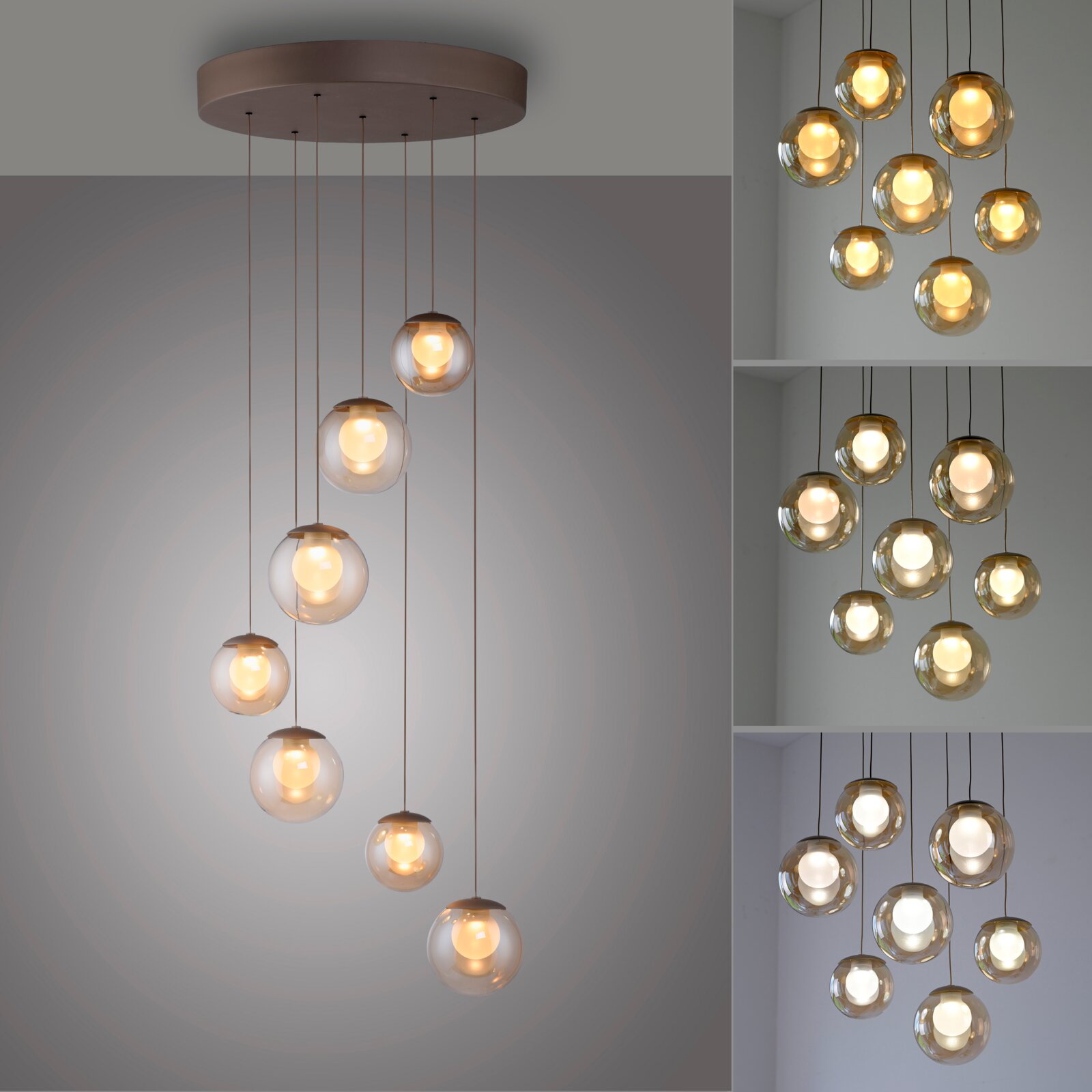 Moderne LED-Pendelleuchte mit mehreren kugelförmigen Glaskörpern, die von einer runden Deckenhalterung in verschiedenen Höhen hängen. Perspektive von unten, um die elegante Anordnung und das warme Licht zu betonen.
