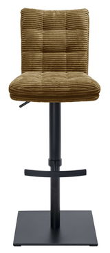 Barhocker mit braunem, geripptem Polster und schwarzem Metallgestell, Frontalansicht