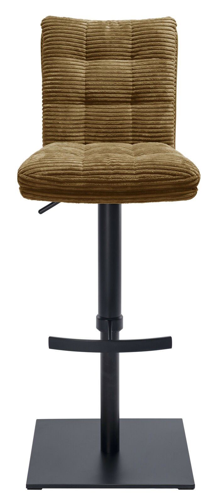 Barhocker mit braunem, geripptem Polster und schwarzem Metallgestell, Frontalansicht