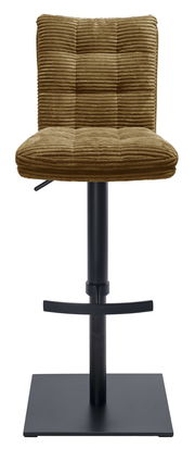 Barhocker mit braunem, geripptem Polster und schwarzem Metallgestell, Frontalansicht