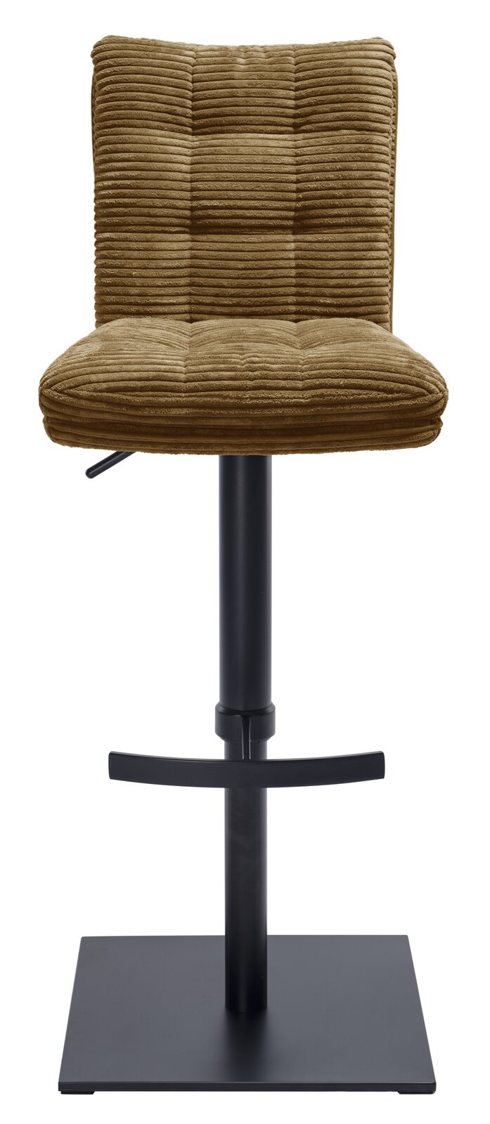 Barhocker mit braunem, geripptem Polster und schwarzem Metallgestell, Frontalansicht