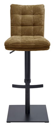 Barhocker mit braunem, geripptem Polster und schwarzem Metallgestell, Frontalansicht