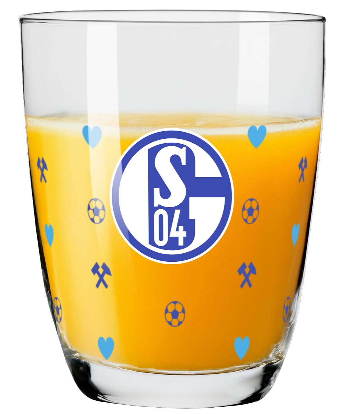 Frontansicht eines transparenten Trinkglases mit orangefarbenem Getränk, großem FC-Schalke-04-Logo und blauem Dekor aus Herzen, Fußbällen und Schlägel-und-Eisen-Symbolen.